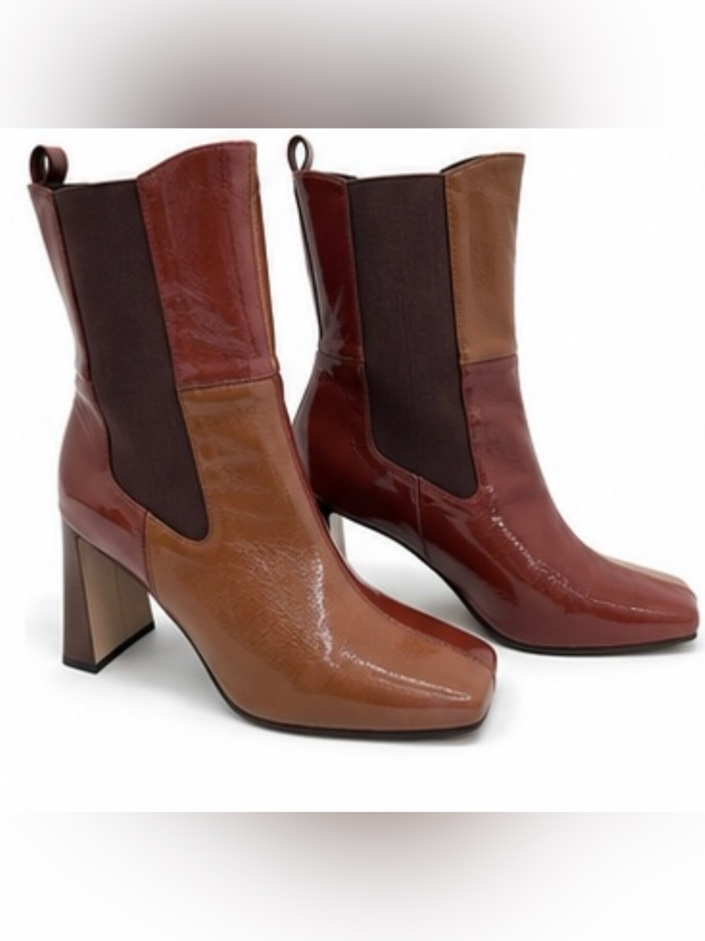 Circus by Sam Edelman Two-Tone Patent Brown & Cognac Block Heel Ankle Boots